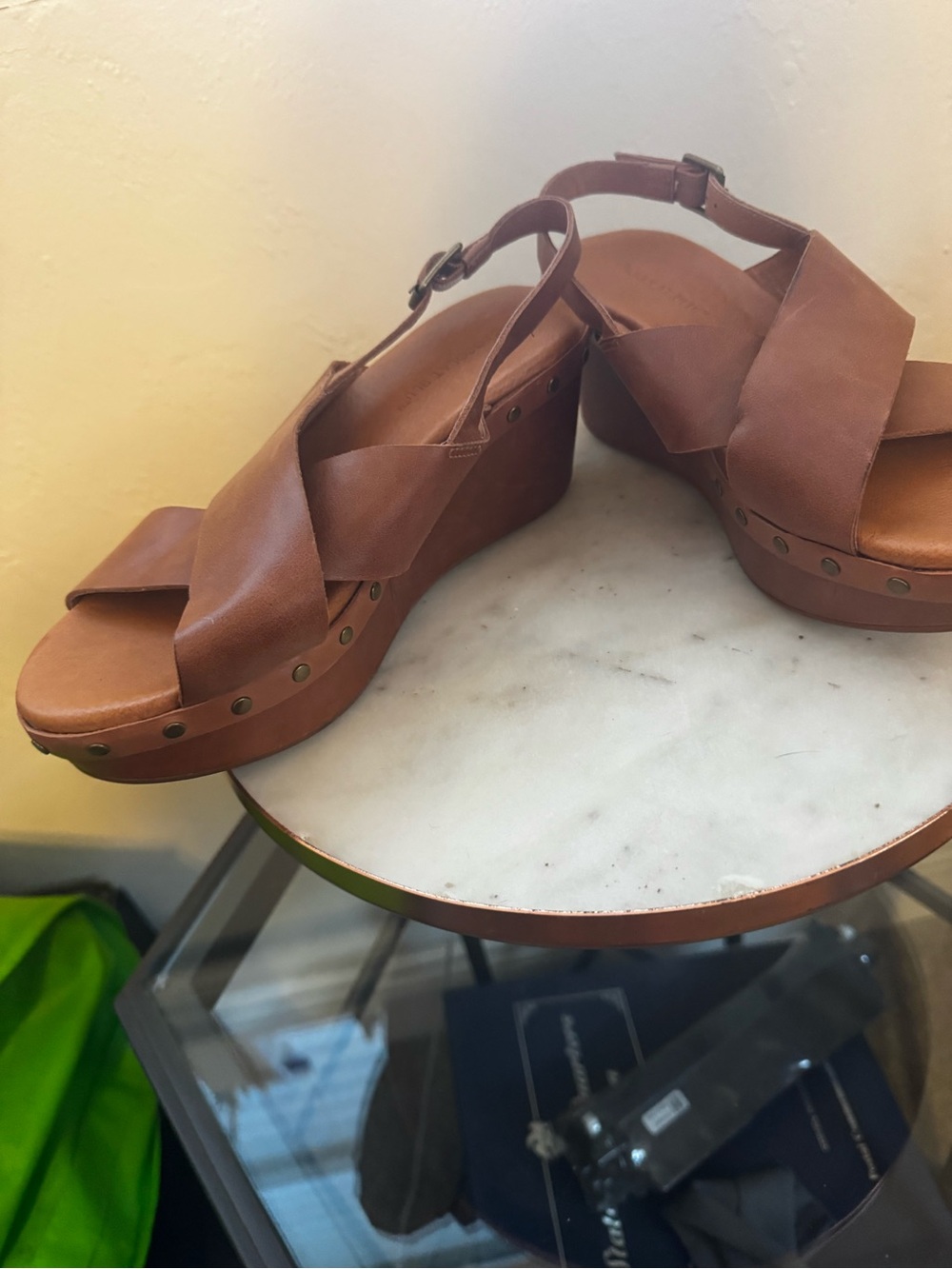 Chocolat Blu Tan Leather Cross-Strap Slingback Wedge Sandals